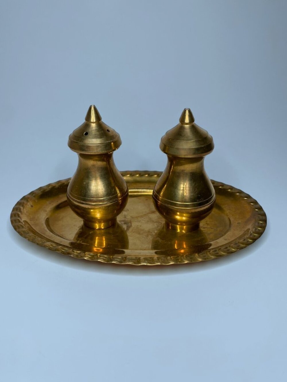 Vintage Solid Brass Salt and Pepper Shakers Set with Oval Undertray